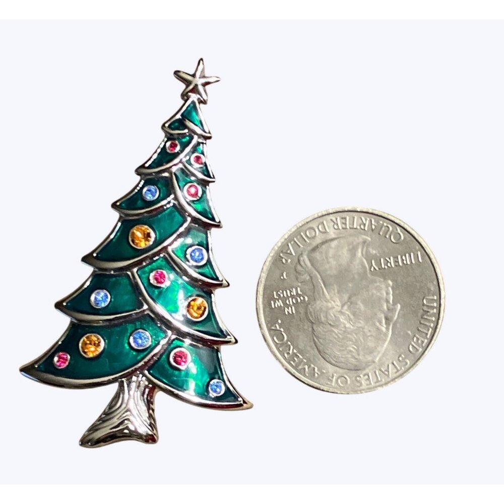 Silvertone Green Enamel Multicolored Crystal Christmas Tree Brooch Swan Marking - Picture 3 of 6